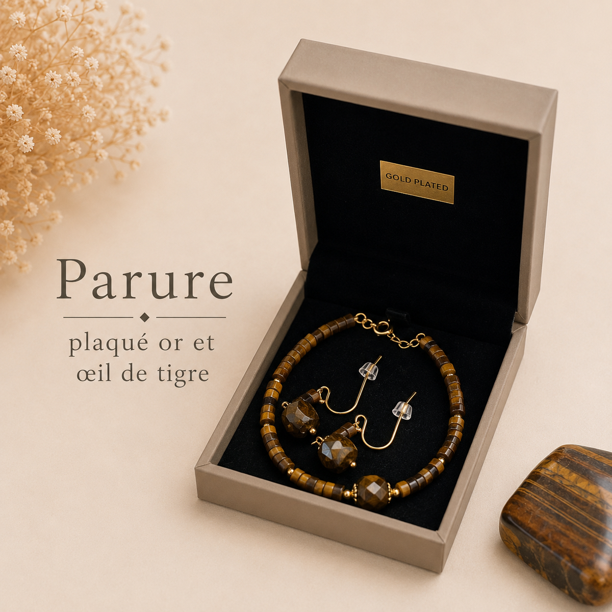 Parure de bijoux en plaqué or & œil de tigre